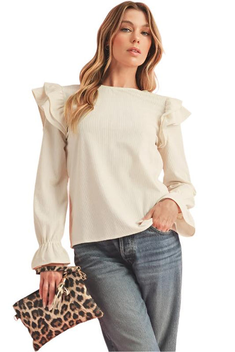 Corduroy Round Neck Ruffled Flounce Sleeve Blouse