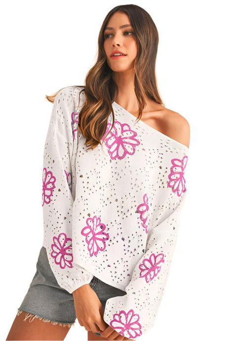 Flower Print Drop Shoulder Hollow Knit Sweater