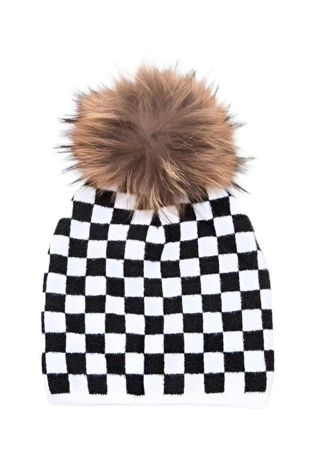 Mix Print Raccoon Fur Pom Iconic Beanie