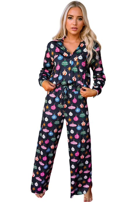 Christmas Lights Print Collared Neck Top and Pants Set