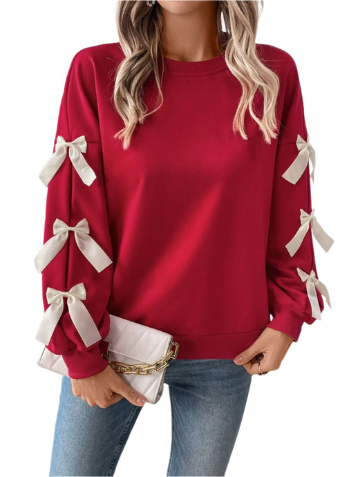 Perfee Bow Round Neck Long Sleeve Sweatshirt