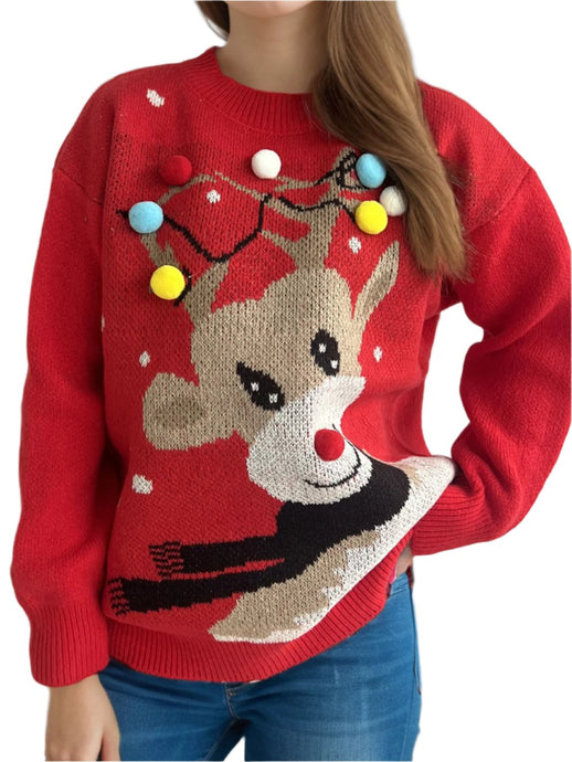 Reindeer Round Neck Long Sleeve Sweater