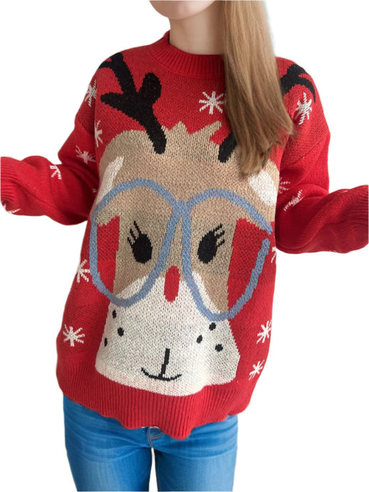 Reindeer Round Neck Dropped Shoulder Sweater