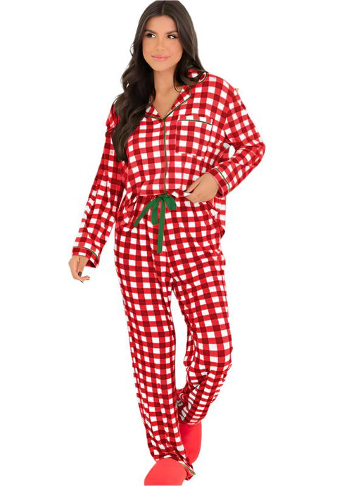 Plaid Collared Neck Long Sleeve Top and Pants Set