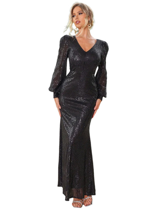 Sequin V-Neck Lantern Sleeve Maxi Dress